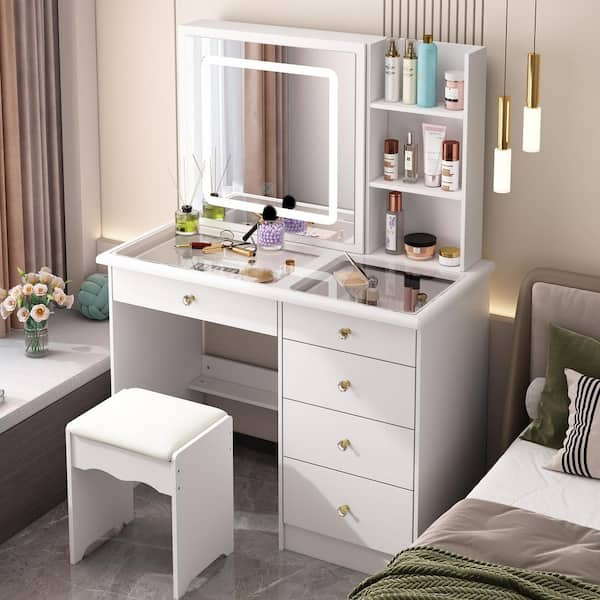 FUFU GAGA White Wood 39.4 in. W Large Glass Top Table Dresser Dressing Desk with LED Dimmable Mirror 5 Drawers Hidden shelves 210203 01 c The Home Depot