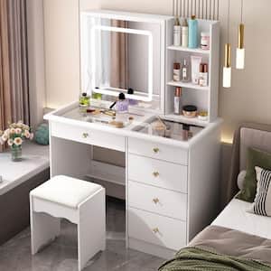 White Wood 39.4 in. W Large Glass Top Table Dresser Dressing Desk with LED Dimmable Mirror, 5-Drawers, Hidden shelves