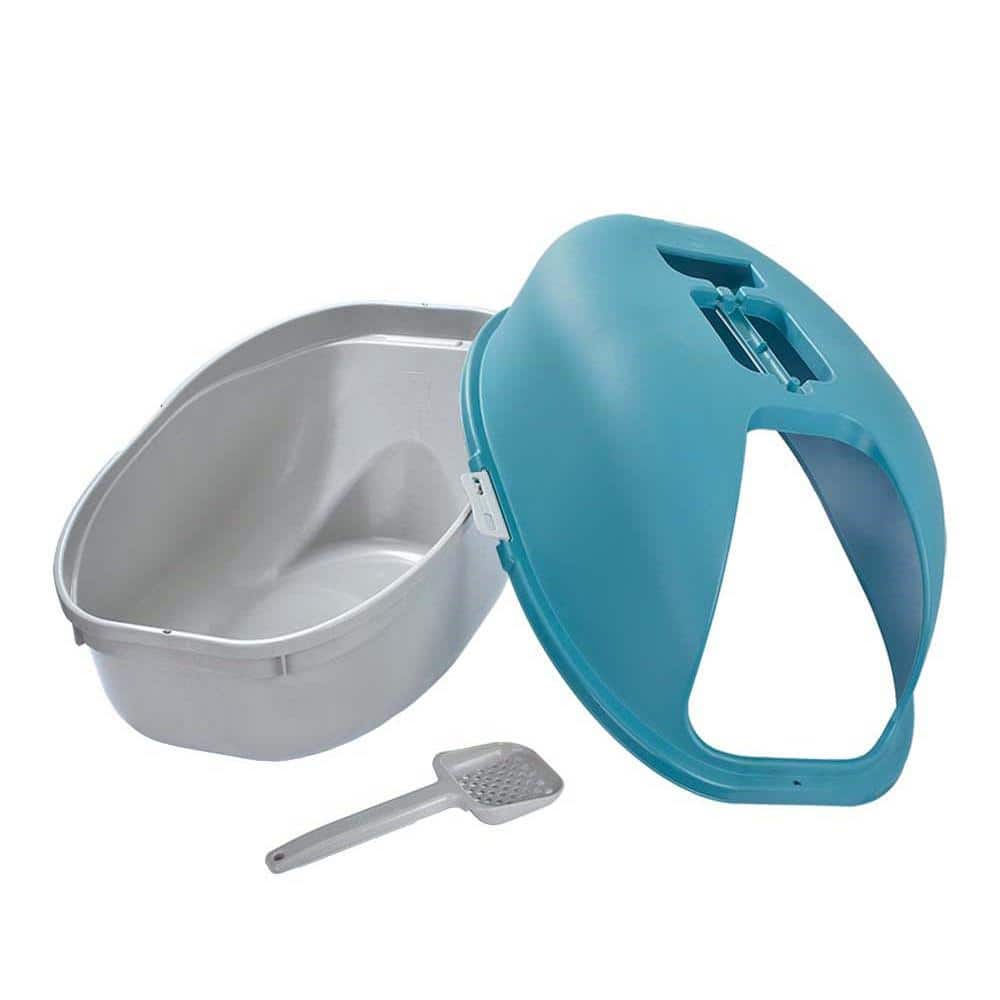 Turquoise and Gray Hooded Cat Litter Box with Scoop