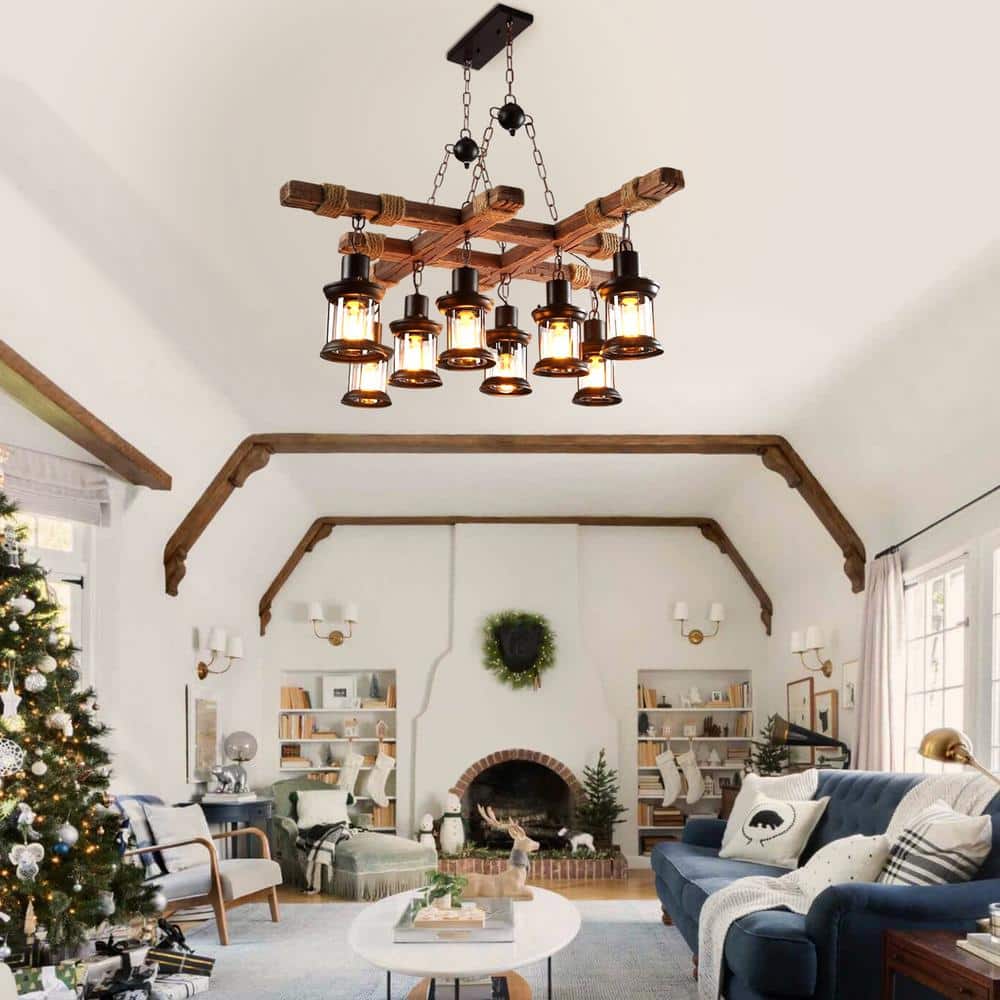Rustic Brown Metal and Wood 8-Light Lantern Chandelier