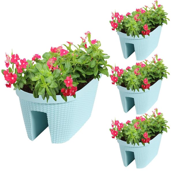 Aoodor 19.6 in. Light Blue Plastic Rattan Pattern Balcony Railing Planter Box (4-Pack)