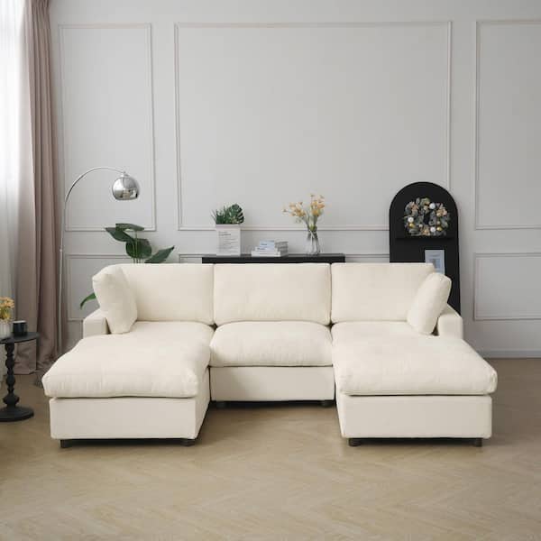100.5 in. Square Arm 5-piece Chenille U-Shaped Living Room Sectional Sofa Free Combination with Ottoman in. Beige