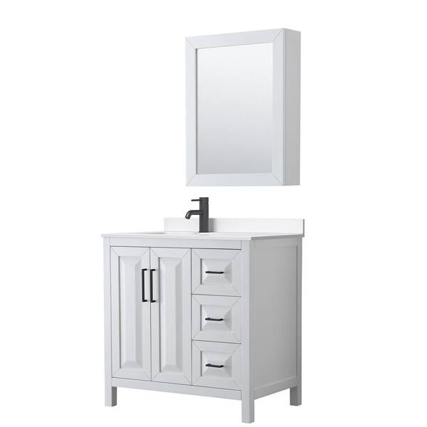 Wyndham Collection Daria 36 in. W x 22 in. D x 35.75 in. H Single Bath Vanity in White with White Quartz Top and Mirror