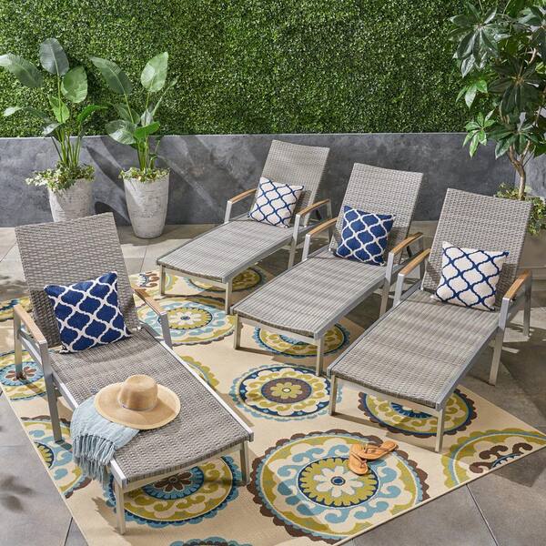 Noble House Oxton Grey Faux Rattan and Aluminum Outdoor Chaise Lounges