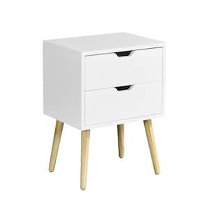 15.7 in. White Wood Side Table 2 Drawers, Rubber Wood Legs, Mid-Century End Table Nightstand for Bedroom Living Room