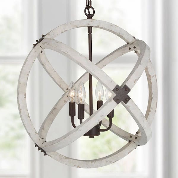 Coastal 4-Light Globe Distressed Wooden Chandelier
