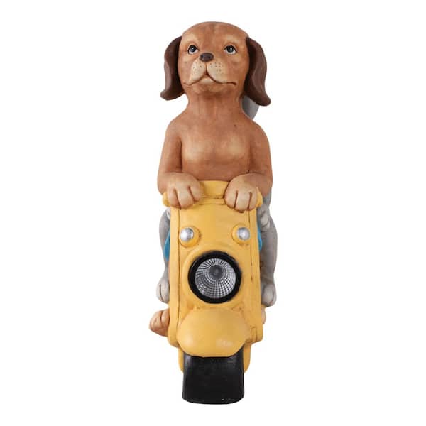 Liv & Skye 17 in. Yellow Resin Dog and Cat On Solar Scooter Garden