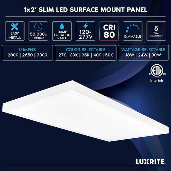 1 x 2 ft. LED Slim Surface Panel Recessed Light 5CCT 2700K-5000K Dimmable 2000/2650/3300LM 18/24/30W Damp Rated (2-Pack)