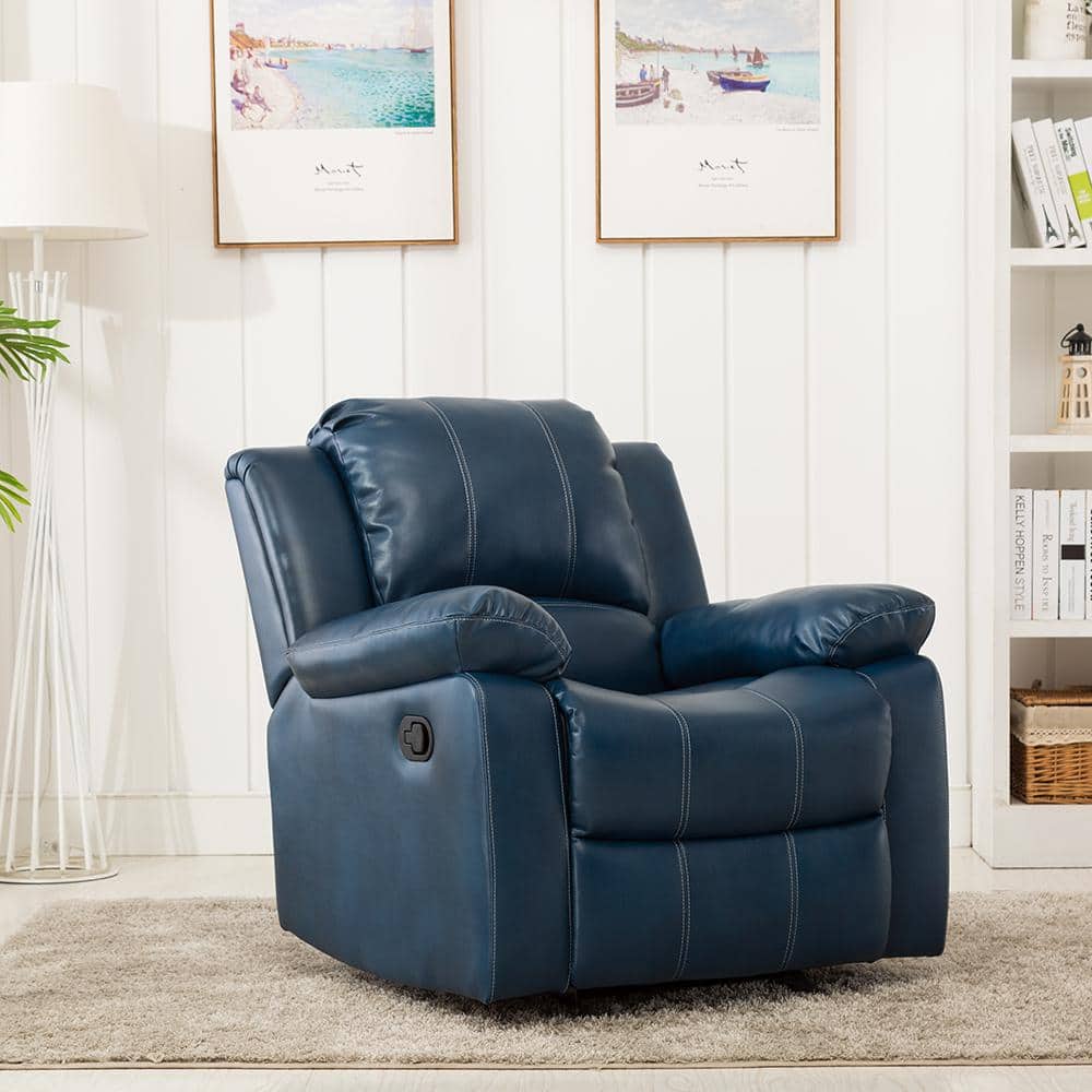 Midnight Blue Transitional Faux Leather & Wood Recliner Chair
