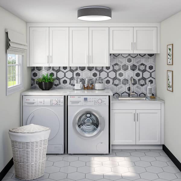 J COLLECTION Laramie 101 in. W x 89.5 in. H x 24 in. D Assembled Shaker Laundry Cabinet Bundle in Painted Bright White