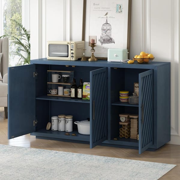 Harper & Bright Designs Antique Blue Retro 3-Door Large Storage Wood 60 in. Sideboard with Adjustable Shelves and Black Handles