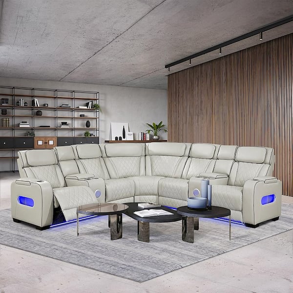 Clumber 118 in. Pillow Top Arm Faux Leather 3-Piece Power Reclining Sectional Sofa with Consoles in. Taupe