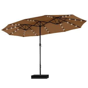15 ft. Market Patio Umbrella With Lights Base and Sandbags in Maillard Brown