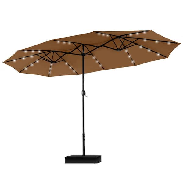 PHI VILLA 15 ft. Market Patio Umbrella With Lights Base and Sandbags in Maillard Brown