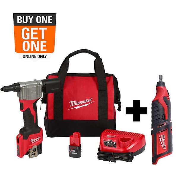 M12 12-Volt Lithium-Ion Cordless Rivet Tool Kit with (2) 1.5Ah Batteries and Charger and M12 Rotary Tool