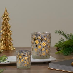 3 in. Matte Silver and Gold Stars and Snowflakes Flameless Glass Candle Holder