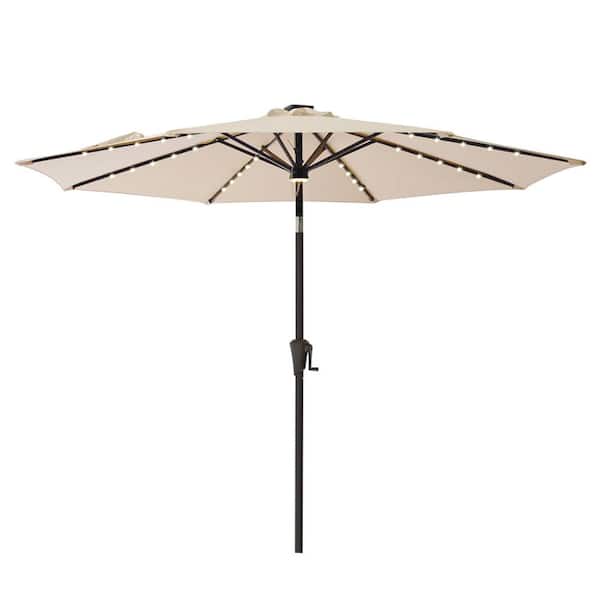 C-Hopetree 11 ft. Aluminum Market Solar Tilt Patio Umbrella with LED Lights in Beige Solution Dyed Polyester