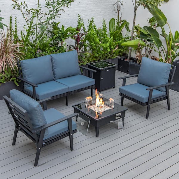 Leisuremod Walbrooke Black 5-Piece Aluminum Square Patio Fire Pit Set with Navy Blue Cushions and Tank Holder