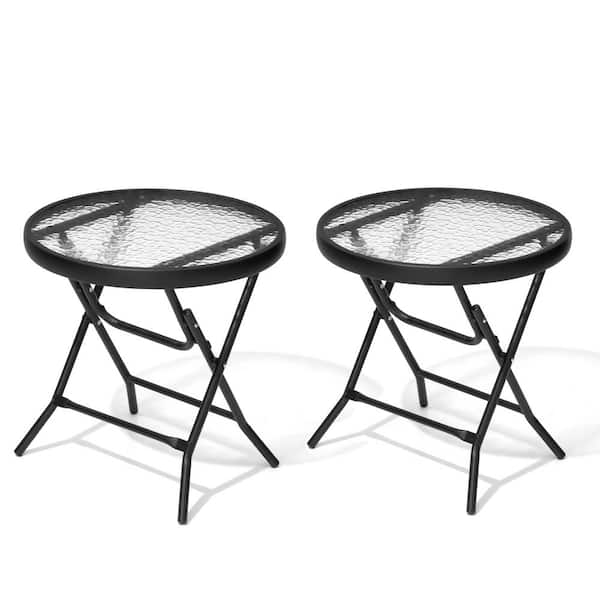 Pellebant Patio Foldable Outdoor Metal Glass Side Table in Black (2-Pack)