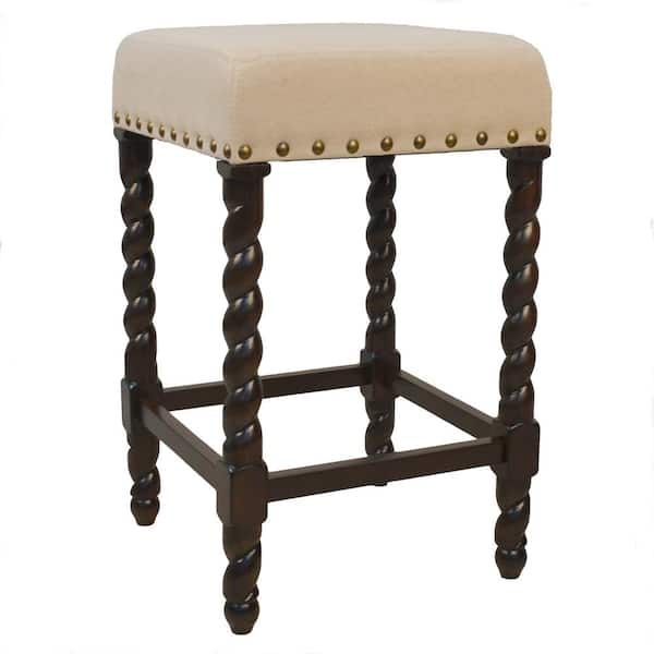 Carolina Cottage Remick 24 in. Espresso and Linen Barley Twist Upholstered Counter Stool