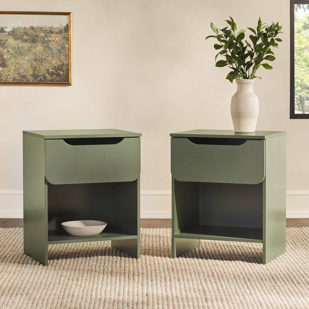 1-Drawer Green Modern Nightstand with Cubby, Set of 2