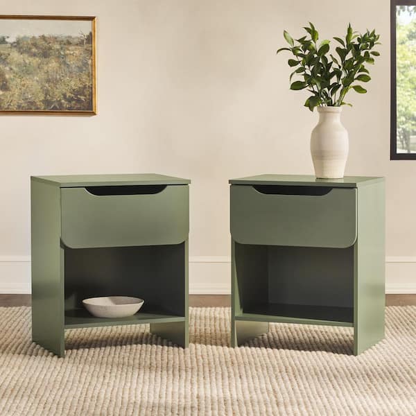 1-Drawer Green Modern Nightstand with Cubby, Set of 2