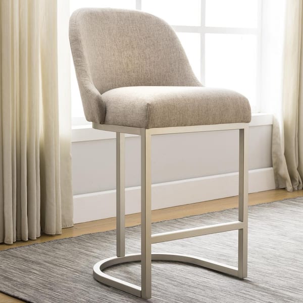 Barrelback 39 in. Oatmeal Linen Counter Stool with Pewter Metal Base (Set of 2)