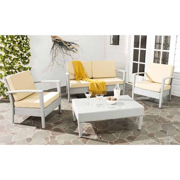 Safavieh Piscataway Gray 4-Piece Rattan Patio Seating Set with Beige Cushions