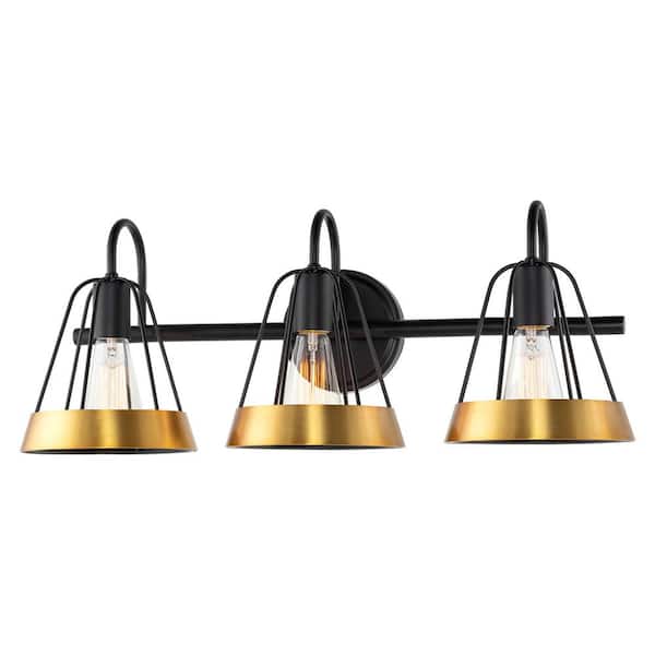 Kira Home Hayes 24.5 in. 60-Watt 3-Light Black Farmhouse Vanity Light with Conic Metal Shade