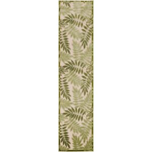 Aloha Ivory Green 2 ft. x 6 ft. Floral Contemporary Indoor/Outdoor Runner Area Rug