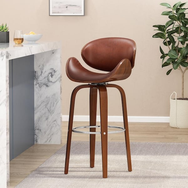 Cordele 42.75 in. Cognac Brown and Walnut Swivel Bar Stool