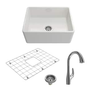 Classico White Fireclay 24 in. Single Bowl Farmhouse Apron Front Kitchen Sink with Faucet