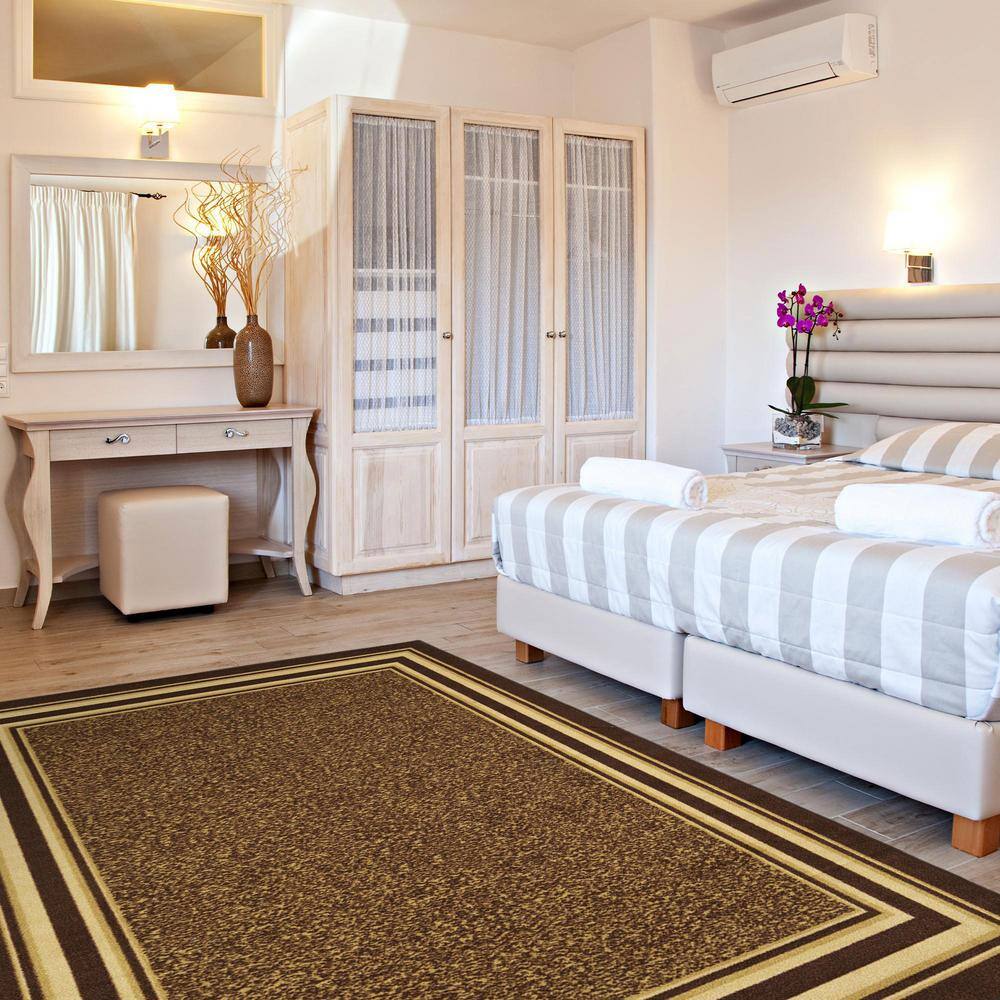 Brown Bordered Machine Washable Area Rug with Non-Slip Backing