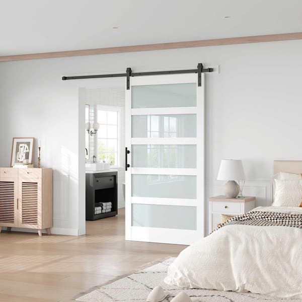 40 in. x 84 in. 5-Lite Frosted Glass White Finished MDF Sliding Barn Door with Hardware Kit