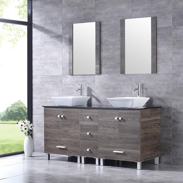 Wonline 60 in. Brown Bathroom Sink Vanity with Black Glass Top Large Capacity Lockers Bathroom Vanity Combo with Mirror