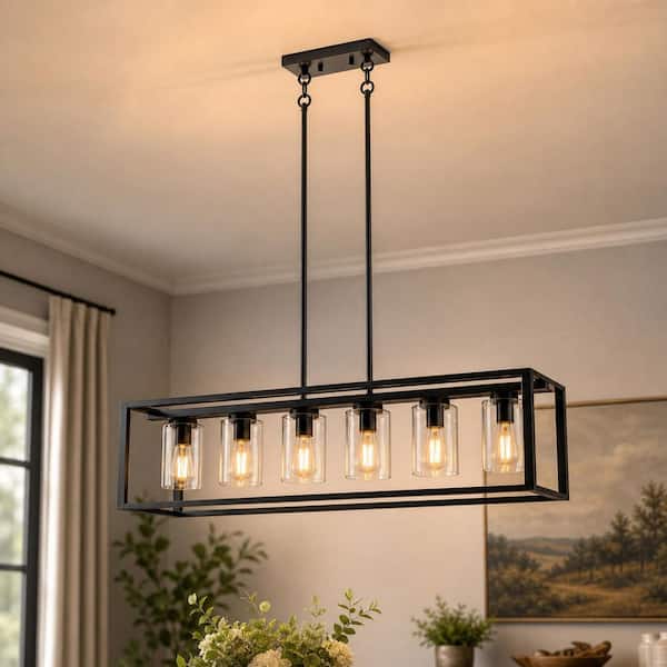 6-Light Matte Black Industrial Linear Island Pendant Light E26 Adjustable Kitchen Island Hanging Light with Glass Shades