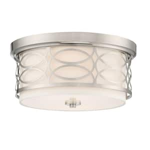 Sienna 13 in. 60-Watt 2-Light Brushed Nickel Modern Flush Mount with White Shade