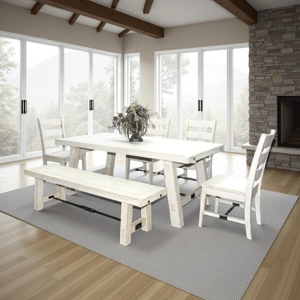 Benjara Rena Off White Wood 74 in. Trestle Dining Table Seats 6