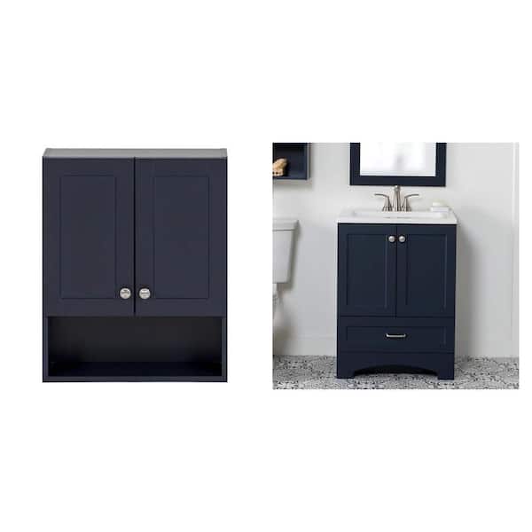 Lancaster Deep Blue 21 in. Wall Cabinet and 25 in. Single Sink Bath Vanity with White Marble Top Combo