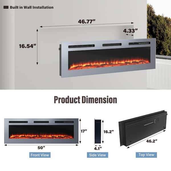 50 in. Stainless Steel Wall Mounted/Embedded Electric Fireplace Insert