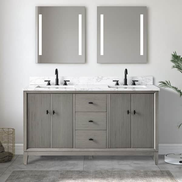 Vanity Art 60 in. W x 22 in. D Double Sink Freestanding Driftwood Gray Bath Vanity Cabinet with White Engineered Marble Top