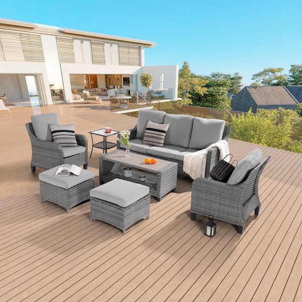 Sonkuki 6-Piece Patio Conversation Sofa Set Gray Wicker with Coffee Table and Thickening Cushions, Linen Grey