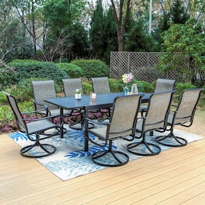 Black 9-Piece Metal Patio Outdoor Dining Set with Geometric Extendable Table and Textilene Swivel Chairs
