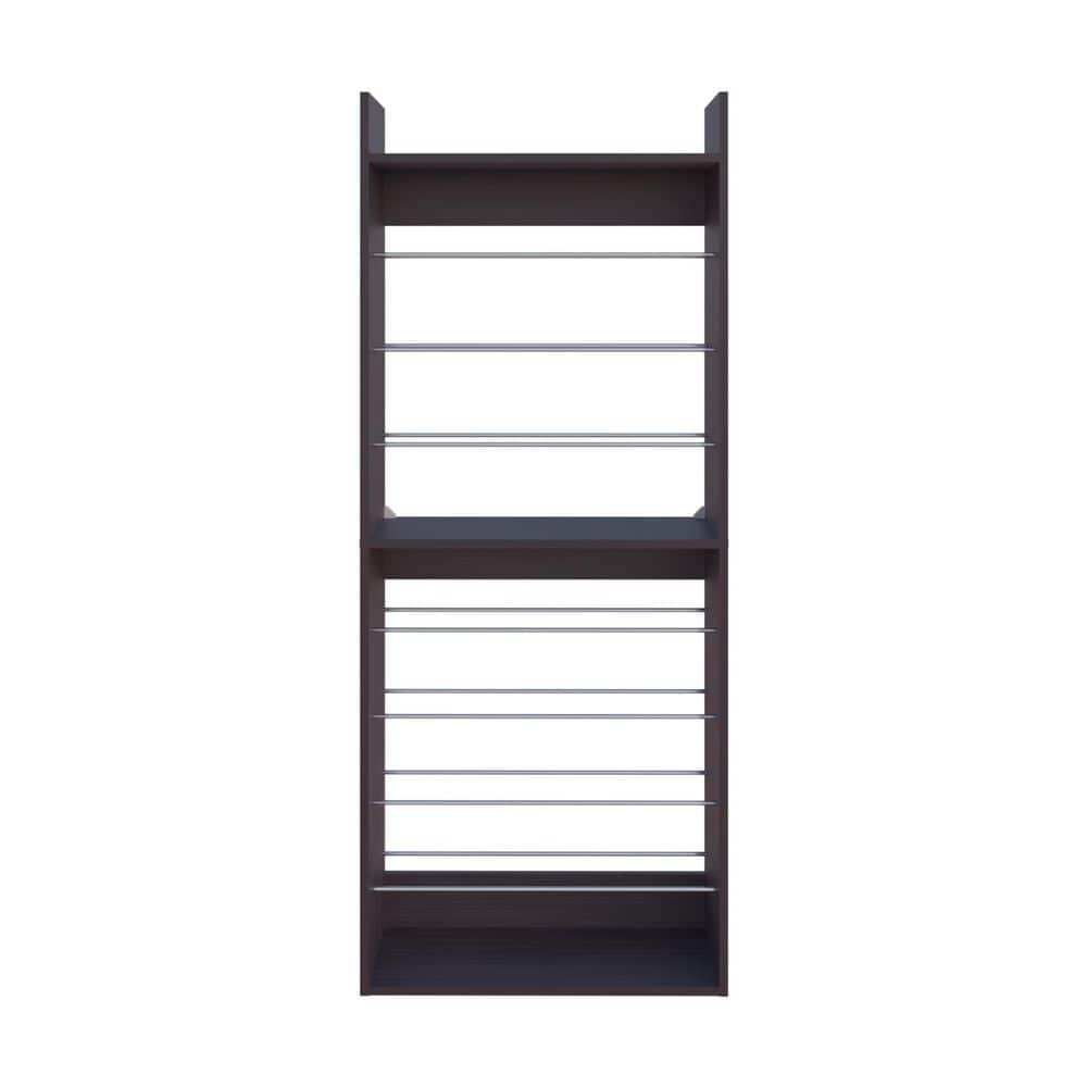 61 in. Tall Brown Particle Board 10-Shelf Standard Bookcase with Metal Rails and Multi-Tier Shelves, Storage