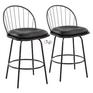 Riley Claire 26.25 in. Brown Faux Leather, Walnut Wood, Bronze and Black Metal Counter Stool with Metal Legs (Set of 2)