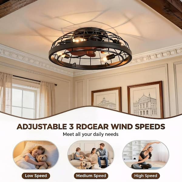JUSHENG 19.7 in. 4-Light Black Caged Flush Mount Ceiling Fan with
