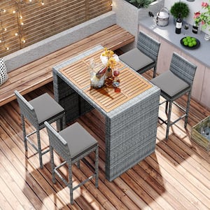 5-Pieces Outdoor Patio Wicker Bar Set, Bar Height Chairs with Non-Slip Feet and Fixed Rope, Removable Cushion, Tabletop
