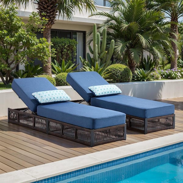 ArcoBay Brown Wicker Outdoor Chaise Lounge with 5 in. Thick Navy Blue Cushions (2-Pack)