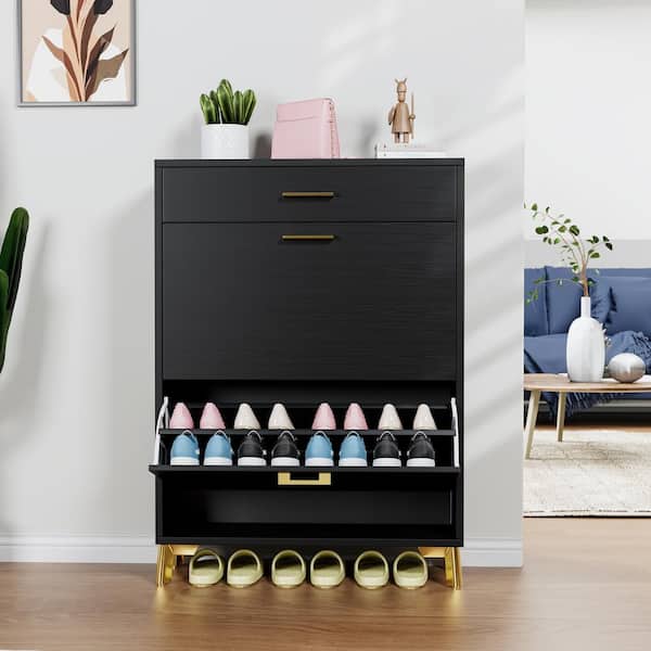 32 in.D x 10 in.W x 43 in. H 8-Pair 3-Tier Black MDF Shoe Rack with 2 Flip Drawers