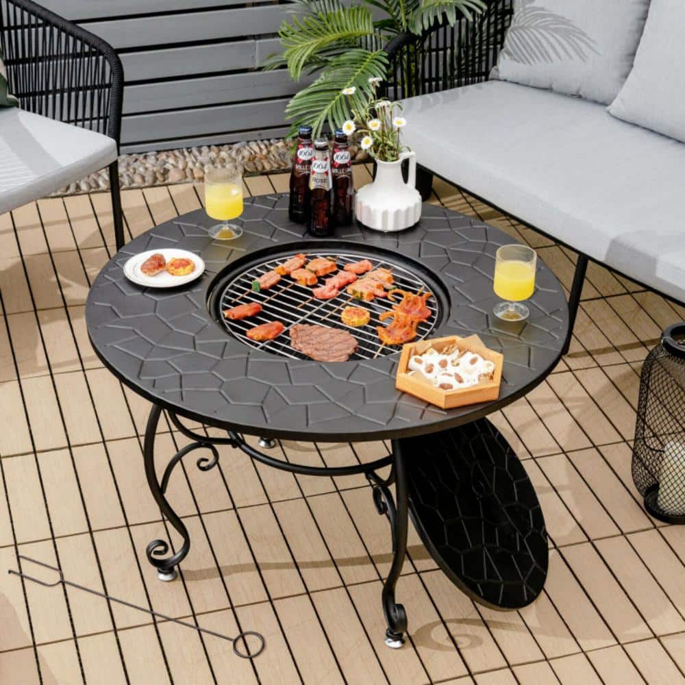 Black Steel Round Fire Pit Table with Cooking Grate